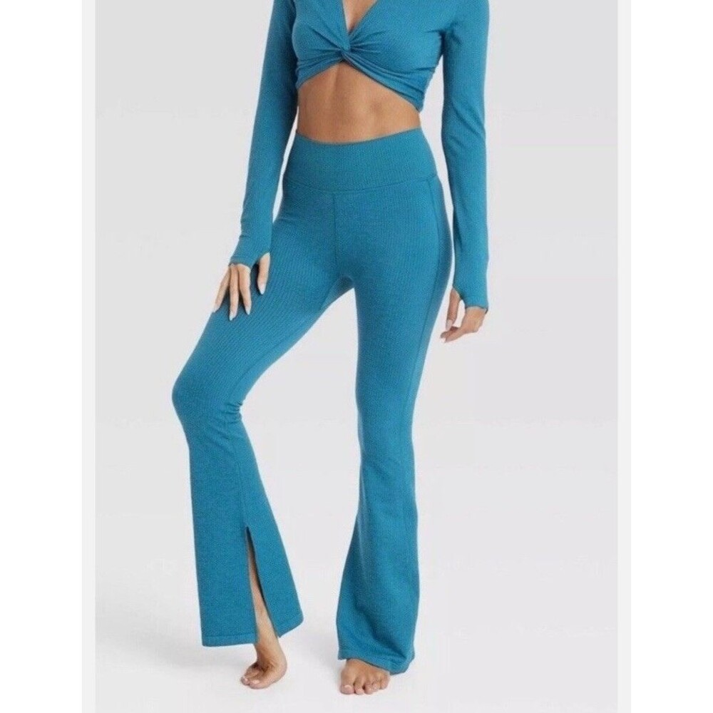 Joy Lab Leggings Pants M Lagoon Blue Ribbed Split Hem Flare Gym Active Stretch